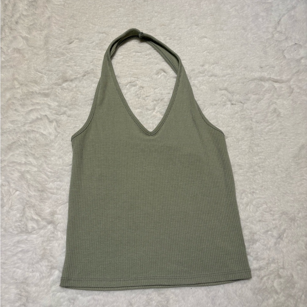 American Eagle Outfitters Sage Green Ribbed Halter Top